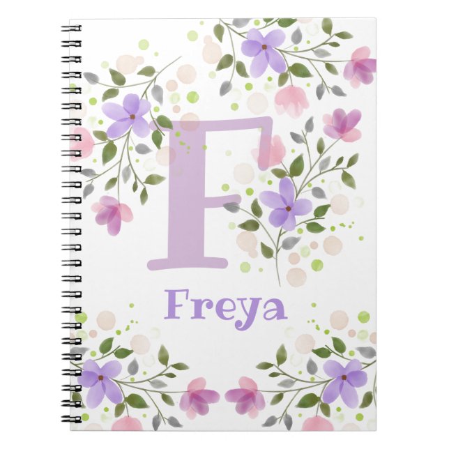 Monogramm F & Name Freya mit Blumen Notizblock (Vorderseite)