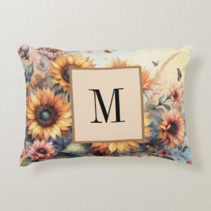 Monogramm Fall Blume und Sonnenblumen Aquarell Dekokissen