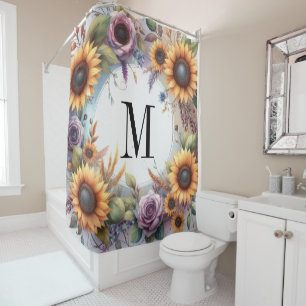 Monogramm Fall Blume und Sonnenblumen Aquarell Duschvorhang