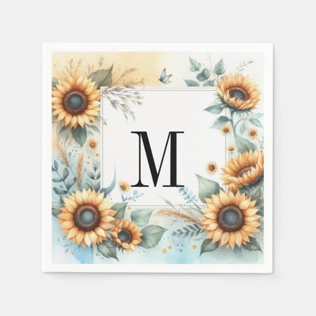 Monogramm Fall Blume und Sonnenblumen Aquarell Serviette (Vorderseite)