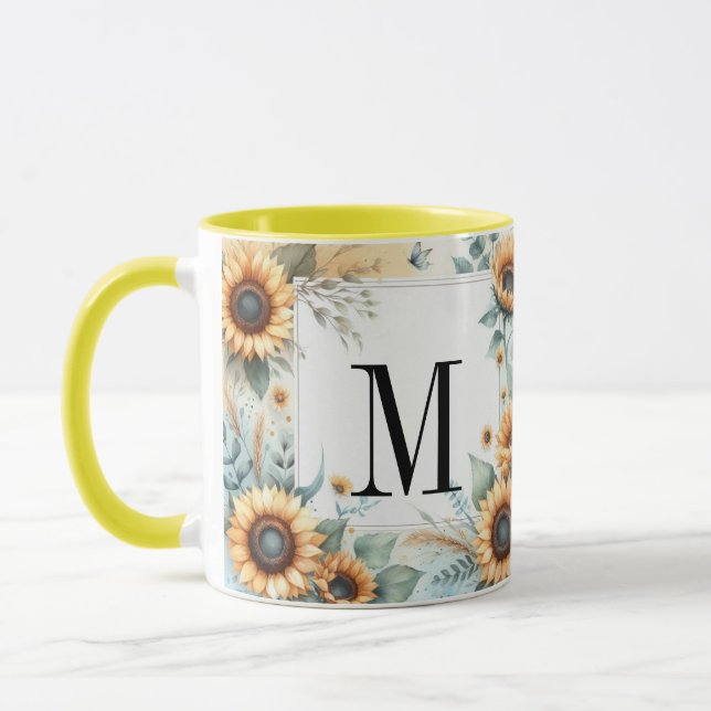 Monogramm Fall Blume und Sonnenblumen Aquarell Tasse (Links)