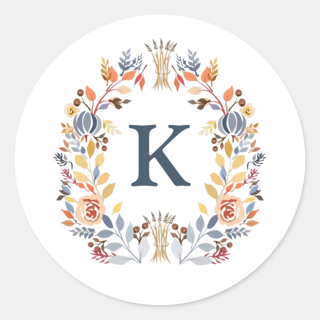 Monogramm Fall Farbe Gelb, orange blaue Blüte Runder Aufkleber (Vorderseite)