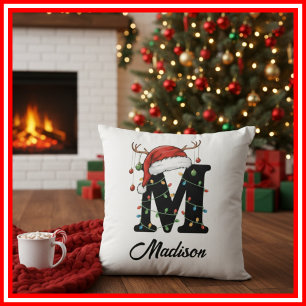 Monogramm Familie Weihnachten Geweih Santa Hut Kissen