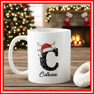 Monogramm-Familien-Weihnachts-Geweih-Santa-Hut-FOT Kaffeetasse
