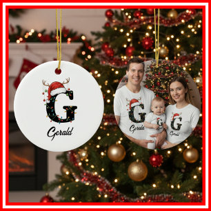 Monogramm-Familien-Weihnachts-Geweih-Santa-Hut-FOT Keramik Ornament