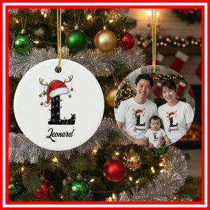 Monogramm-Familien-Weihnachts-Geweih-Santa-Hut-FOT Keramik Ornament
