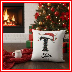 Monogramm Familien-Weihnachts-Geweih-Santa-Hut  Kissen