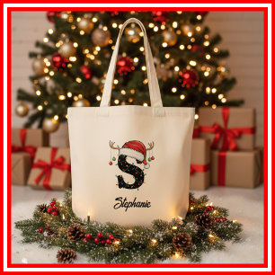 Monogramm-Familien-Weihnachts-Geweih-Santa-Hut-Tas Tragetasche
