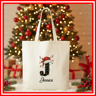 Monogramm Familien-Weihnachts-Geweih-Santa-Hut Tragetasche