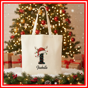 Monogramm Familien-Weihnachts-Geweih-Santa-Hut Tragetasche