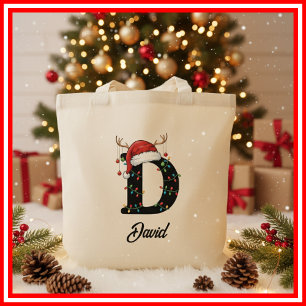 Monogramm Familien-Weihnachts-Geweih-Santa-Hut Tragetasche