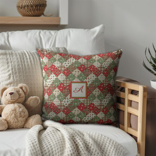 Monogramm-Familien-Weihnachts-Patchwork Grün Rot  Kissen