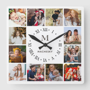Monogramm-Familienfoto Quadratische Wanduhr