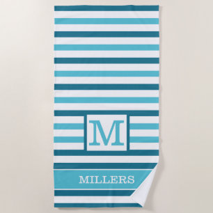 Monogramm Familienname Aqua Blau und Weiß Streifen Strandtuch