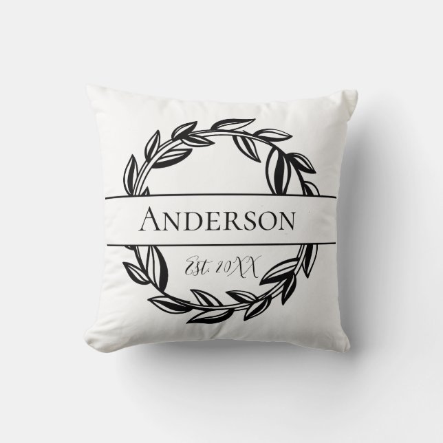 Monogramm Familienname Schwarz-weiße Leaf Kissen (Vorderseite)