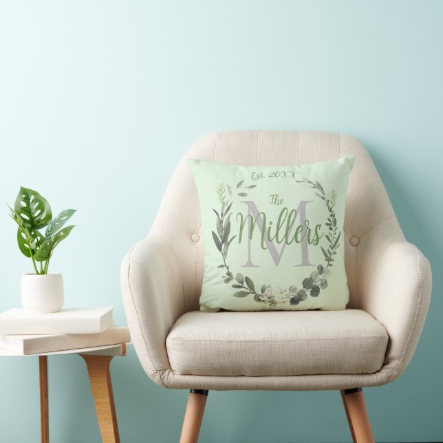 Monogramm Familienname Wasserfarbe Botanischer Kra Kissen (Stuhl )