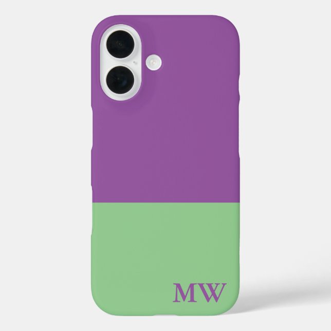 Monogramm Farbblock Lila und Minusgrün iPhone 16 Hülle (Rückseite)