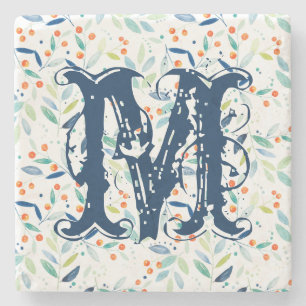 Monogramm farbige Botanische Wasserfarbenblätter Steinuntersetzer