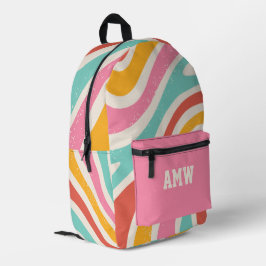 Monogramm Farbige Retro-Wellenstreifen Bedruckter Rucksack