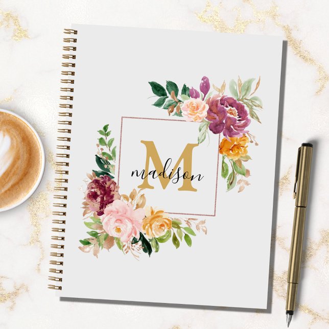 Monogramm farbige Rose Wasserfarbe Blumenrezeptur Notizbuch (In situ)