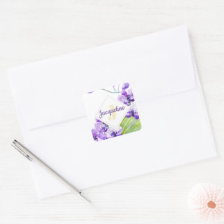 Monogramm Farbige Wasserfarben-Orchideen-Dekor Quadratischer Aufkleber