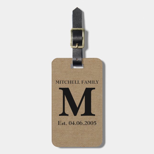 Monogramm Faux-Leinen Jute rustikales-chic Initial Gepäckanhänger (Vorderseite vertikal)