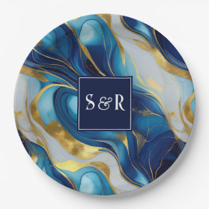Monogramm Fauxgold, Blau und Weiß marmorierte Hoch Pappteller