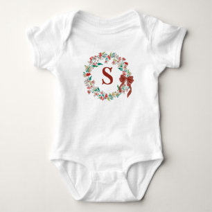 Monogramm-Feiertags-Aquarell-Blumen-Bogen-Kranz Baby Strampler