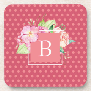 Monogramm feminines Rosa Punkte & Rosa Korallen Bl Getränkeuntersetzer