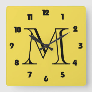Monogramm Fett schwarze Zahlen an der gelben Wall- Quadratische Wanduhr