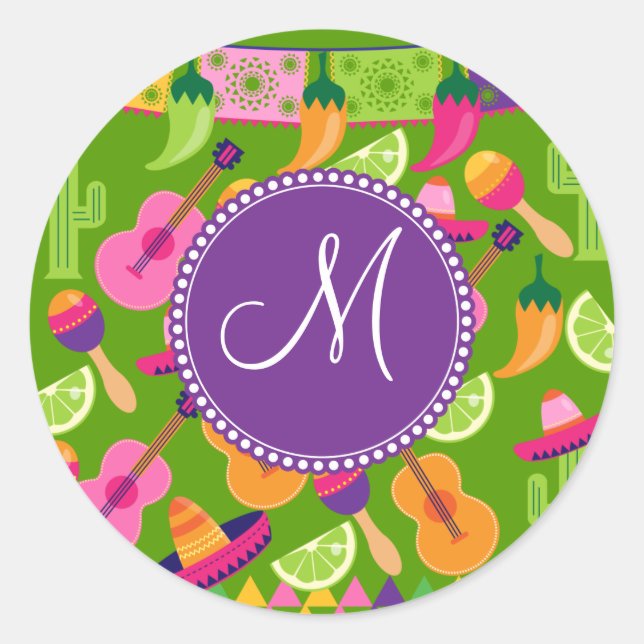 Monogramm-Fiesta-Partysombrero-Kaktus kalkt Runder Aufkleber (Vorderseite)