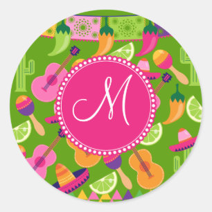 Monogramm-Fiesta-Partysombrero-Kaktus kalkt Runder Aufkleber