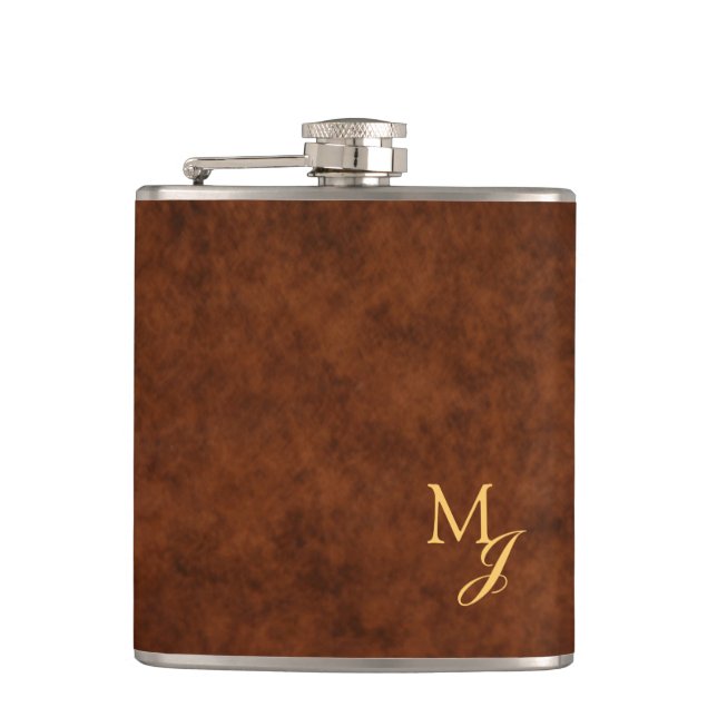 Monogramm-Flasche aus braunem Kunstleder Flachmann (Vorderseite)