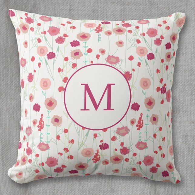 Monogramm Floral Botanisches Muster Rosa Kissen (Modern floral monogram personalized initial art throw pillow)