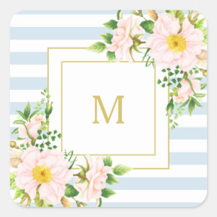 Monogramm Floral Chic Pastellblaue Streifen Quadratischer Aufkleber