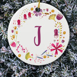 Monogramm Floral Keramik Ornament<br><div class="desc">Hübsche Aquarellfarben-Blume umschließen ein Monogramm-Initial, das auf Personalisierung umgestellt werden kann.</div>