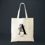 Monogramm Floral Personalisiert Tragetasche<br><div class="desc">Monogram Floral Custom Tote Bag. Dieses elegante Schwarzweiß-Blume-Design mit individuellem Initial- und Namen-Charakter.</div>