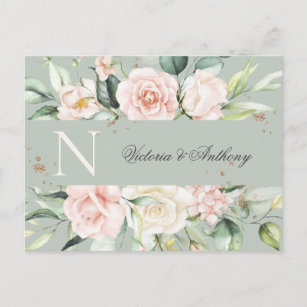 Monogramm Floral Pink Save the Date Postkarte