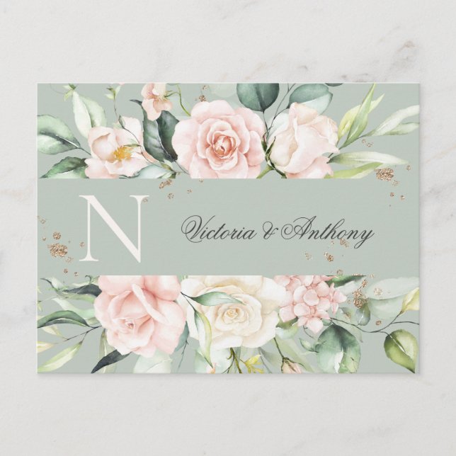 Monogramm Floral Pink Save the Date Postkarte (Vorderseite)