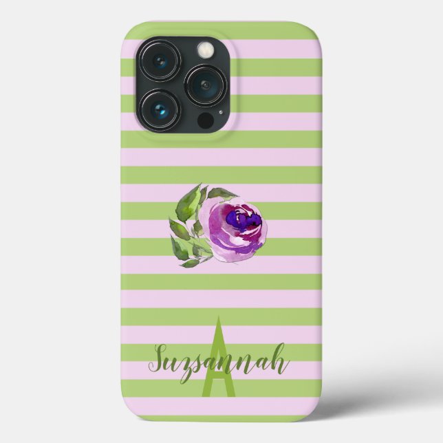 Monogramm Floral Rose Pastell Streifen Case-Mate iPhone Hülle (Rückseite)