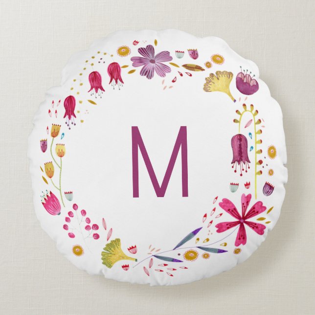Monogramm Floral Rundes Kissen (Vorderseite)
