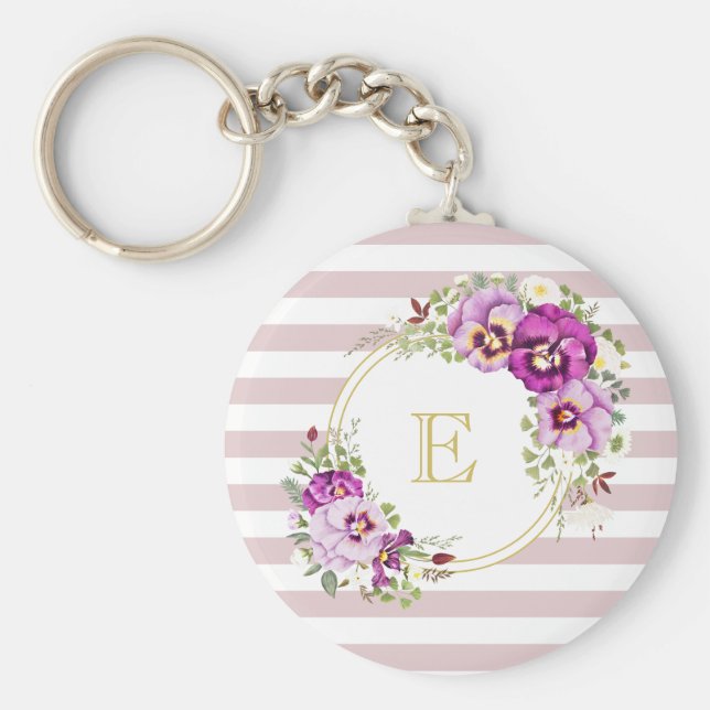 Monogramm Floral Vintage Stiefmütterchen Lila Stre Schlüsselanhänger (Vorne)