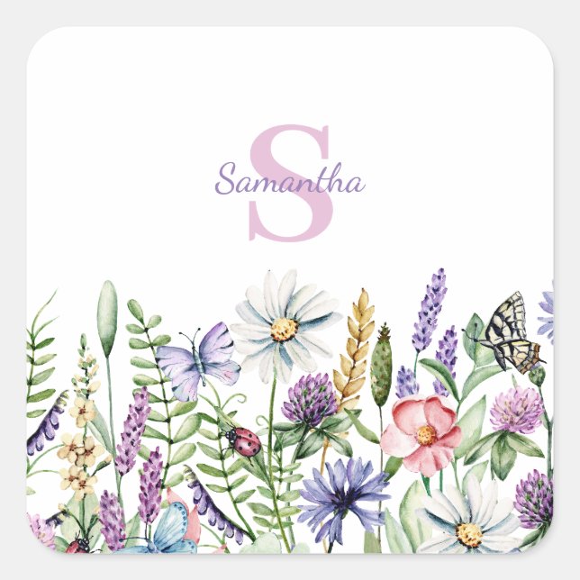Monogramm Floral Wildblume Botanischer Name Aufkle Quadratischer Aufkleber (Vorderseite)