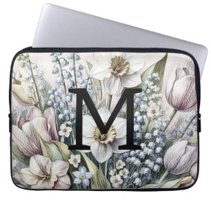 Monogramm floral zeichnend rosa Tulpen Laptopschutzhülle
