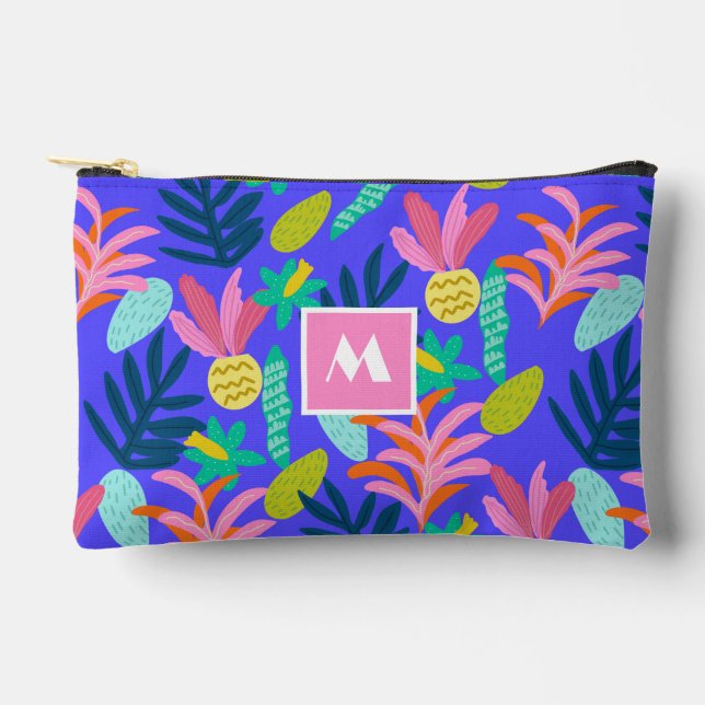 monogramm floralblaues chic tropisches Muster Zubehörtasche (Vorderseite)