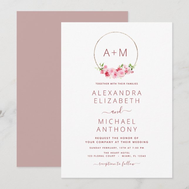 Monogramm florale Dusty Rose Rosa Einladung zur Ho (Vorne/Hinten)