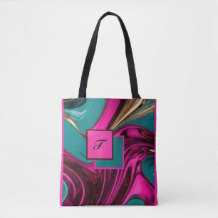 Monogramm flüssiges Wasser Hot Pink, Gold und Grün Tasche