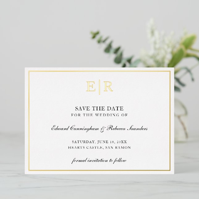 Monogramm formales Foto Hochzeit speichern das Dat Folieneinladung (Stehend vorne)