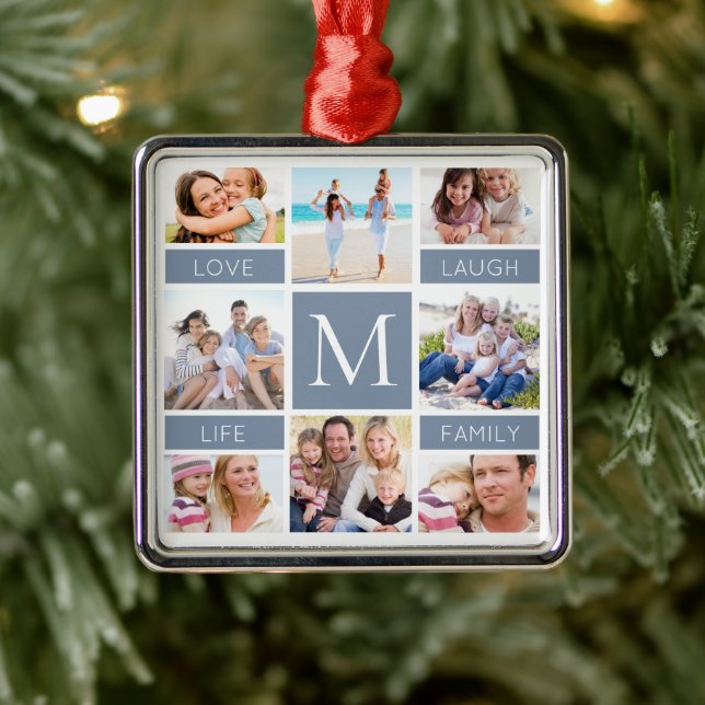 Monogramm Foto Collage Dusty Blue Ornament Aus Metall (Baum)