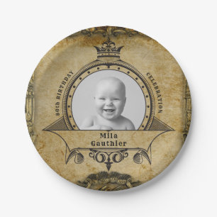 Monogramm-Foto der 80. Geburtstagspartei Vintag Re Pappteller